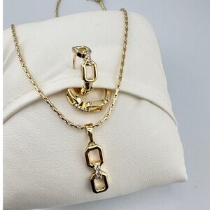 Gold Tone Geometric Link Jewelry Set Necklace and Hoop Earrings with Crystals